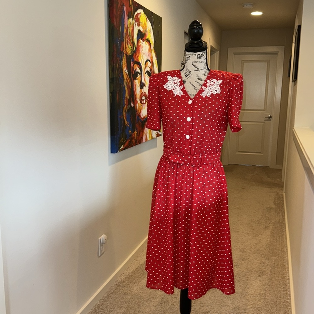 Vintage Tabby Of California Dress red Polka Dots Belted Shoulder Pads em…